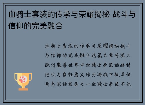 血骑士套装的传承与荣耀揭秘 战斗与信仰的完美融合